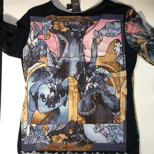 Anac Women M Blouse V Neck Ruched Sheer Lined Black Art Mucha Tarot Art Tattoo